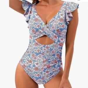 Floral Ruffle Sleeve Swimsuit Size Large. NWOT